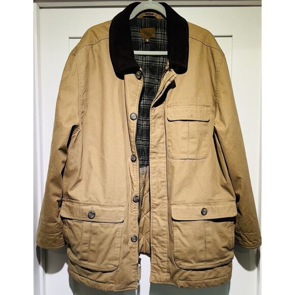 ST JOHNS BAY Men's XL Canvas Tan Flannel Lined Barn Chore Coat Leather Collar - Picture 1 of 15